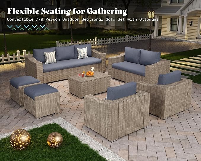 AMERLIFE 10-Piece Outdoor Patio Furniture Set, Wicker Outdoor Couch Conversation Set with Storage Coffee Table, 2 Ottomans, Patio Sectional Sofa for Backyard or Deck, Grey