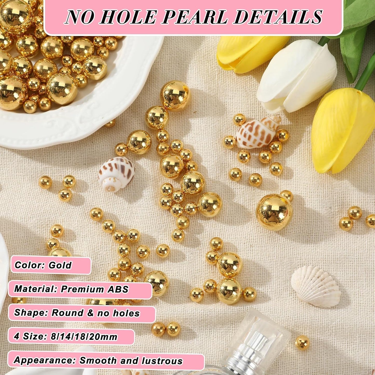 Pearl Beads No Hole Pearls for Crafting 180 Pcs Fake Pearls Bulk Faux Pearls for DIY Crafts Jewelry Making Vase Filler Floating Candle Wedding Birthday Party Home Decorations (Gold, 8/10/14/20mm)