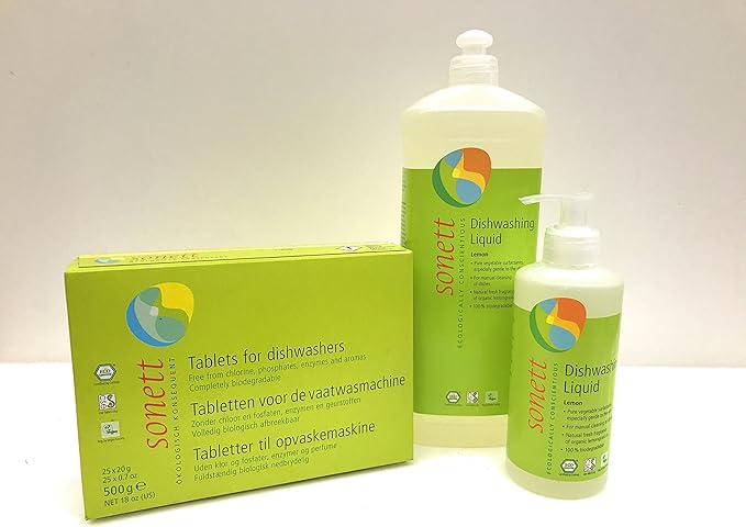 Sonett Organic Lemon Dishwashing Liquid Soap (34 and 10 fl oz) and Dishwasher Tablets (17 fl oz) Set of 3