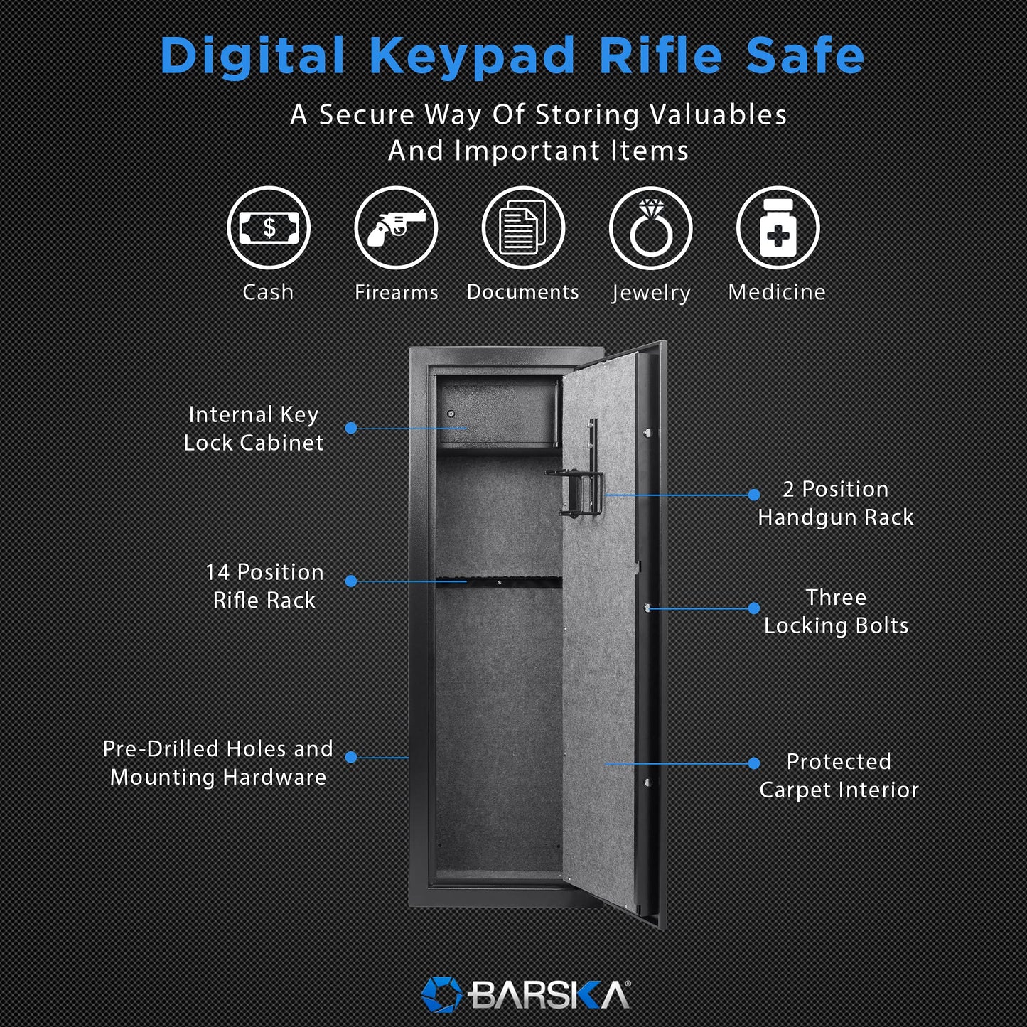 Barska 7.87 Cu Ft DOJ Certified Digital Keypad Rifle Safe – 14 Rifle & 2 Handgun Capacity, 3-Point Deadbolt, Anti-Pry Hinges, Silent Access, Backup Keys, Mounting Hardware