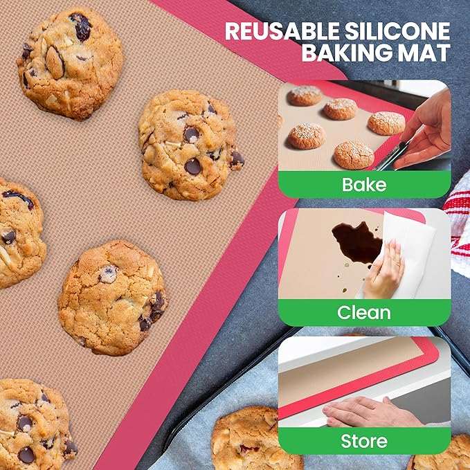Silicone Baking Mats | 2 Non-stick Food-Grade Reusable Silicone Mats | Perfect for Half Baking Pans 16.5 x 11.6 IN | Oven-Safe Up to 480 Degrees F | Safe for Ovens, Freezers, & Dishwashers (Pink)