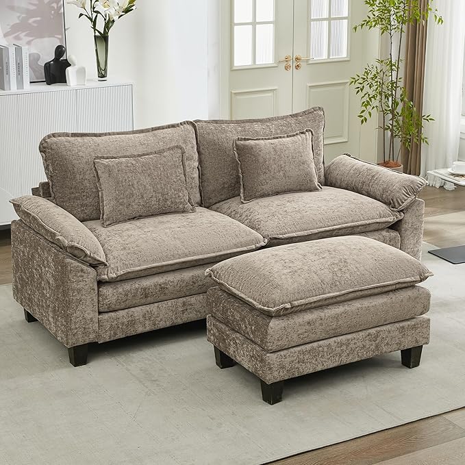 URRED Cloud Couch Modular Sectional Sofa, 87" Modern L Shaped Deep Seat Sofa with Ottoman & Pillows, Ultra Comfy Chenille Couches for Living Room, Bedroom or Apartment, Khaki