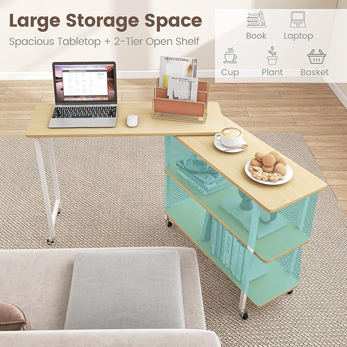 Giantex 360° Free Rotating Sofa Side Table, Mobile L-Shaped Laptop Desk with Sturdy Metal Frame, 6 Universal Casters, Movable Couch Snack Table with 2-Tier Storage Shelf for Home (Natural Maple)
