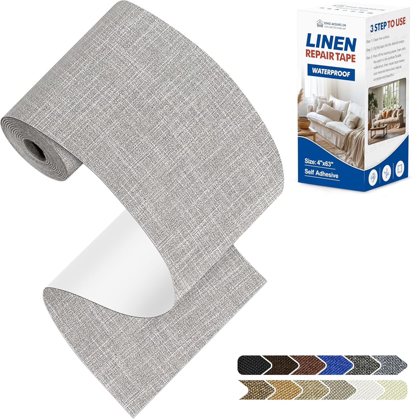KING MOUNTAIN Linen Repair Patches, Self-Adhesive Linen Fabric Patches, 4 X 63 inch Extra Size, Multi Color, Can be Used for Linen Sofa Repair and Linen Clothes Repair (Light Grey 2.0)