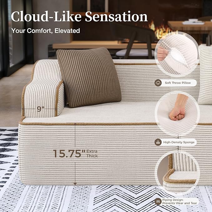 SUNSHINE VALLEY 3 Seat Boneless Sectional Couch in Box, 104'' Corduroy Modular Cloud Sofa for Living Room Bedroom, Modern Upholstered Couch with Deep Seat, No Assembly Required, Beige