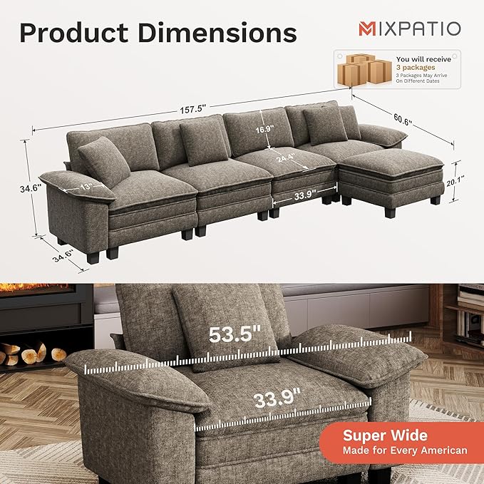 MIXPATIO 157-Inch L Shaped Sectional Sofa with Cloud Cushions, Deep Seat Modular Couch Set w/ 5 Seats & 1 Ottomans, Removable Arms, Plush Chenille Upholstery for Living Room, Apartment - Smoky Gray