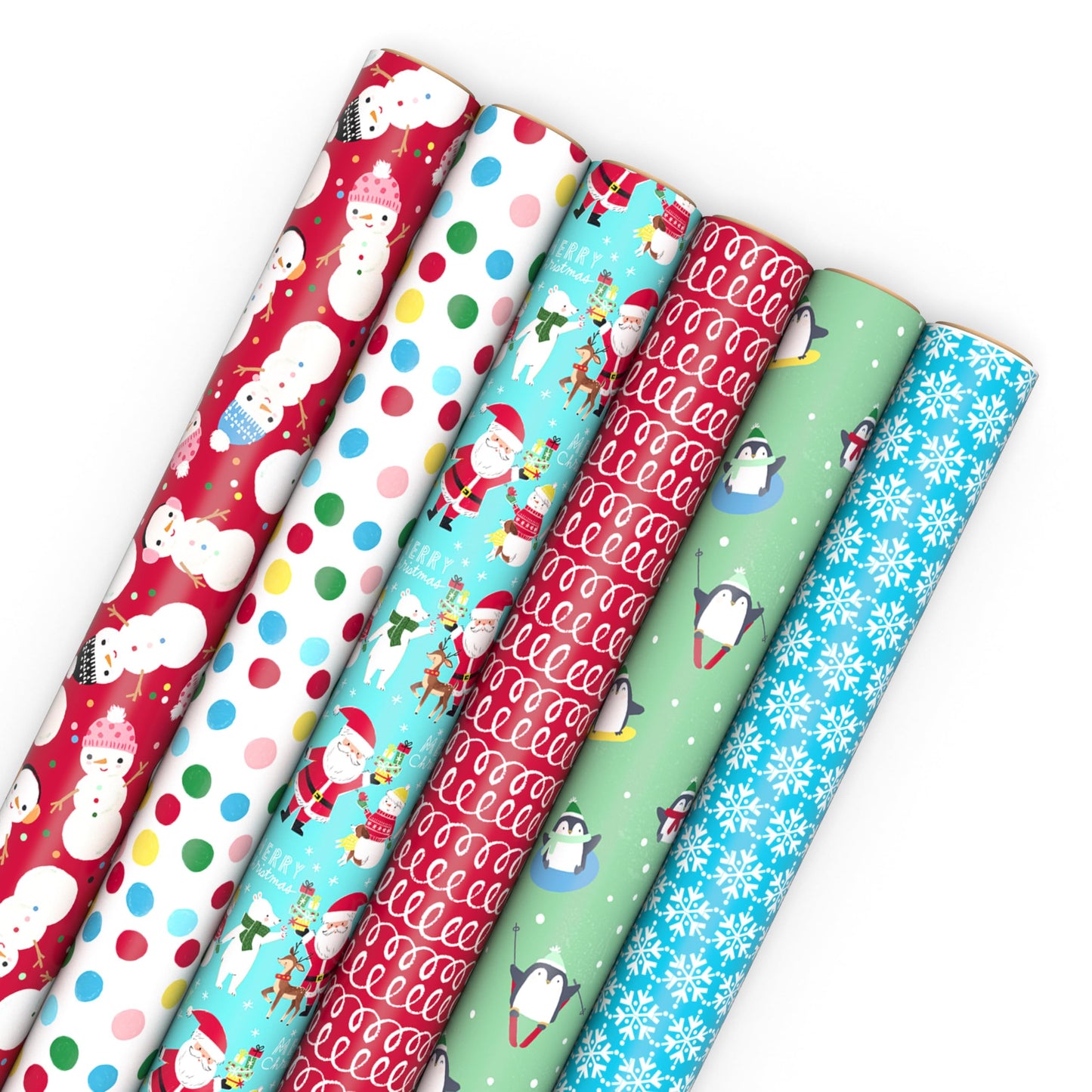 Hallmark Kids Christmas Wrapping Paper Rolls with Cutlines on Reverse (6 Rolls: 180 Sq. Ft. Total) Snowman, Snowflakes, Penguins, Santa Claus