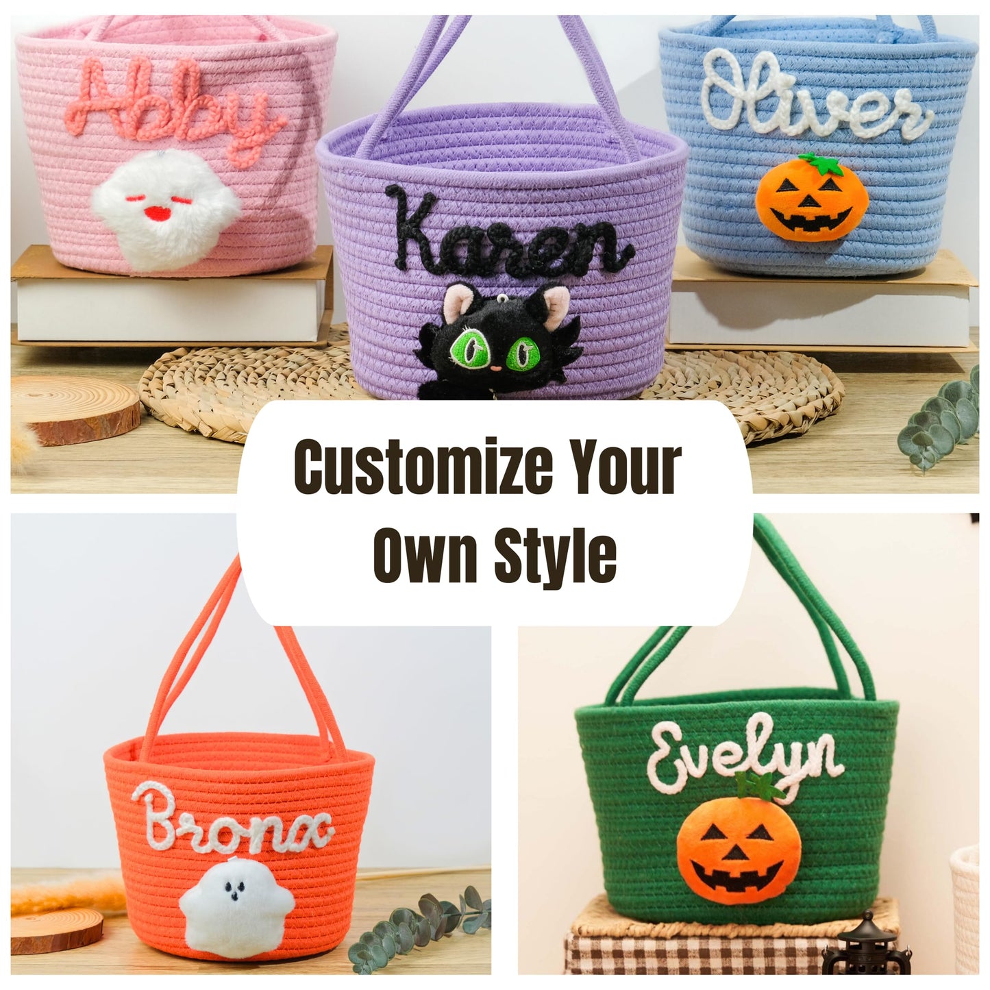SphonxAi Personalized Halloween Basket, Customized Trick or Treat Bucket, Handmade Knitted Candy Tote, Halloween Basket with Name, Costume Ghost Bucket (Green)