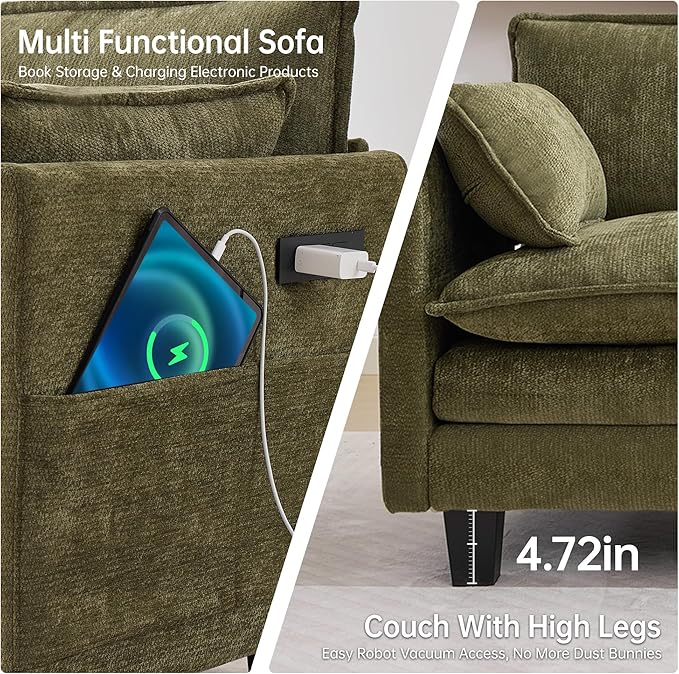 Opiesit 108" Modular Sectional Couches for Living Room with Ottoman, L Shaped Cloud Couch with Charger, USB & Type-c Port, Comfy 4 Seats Sofas with Deep Seat, Chenille Fabric, Green