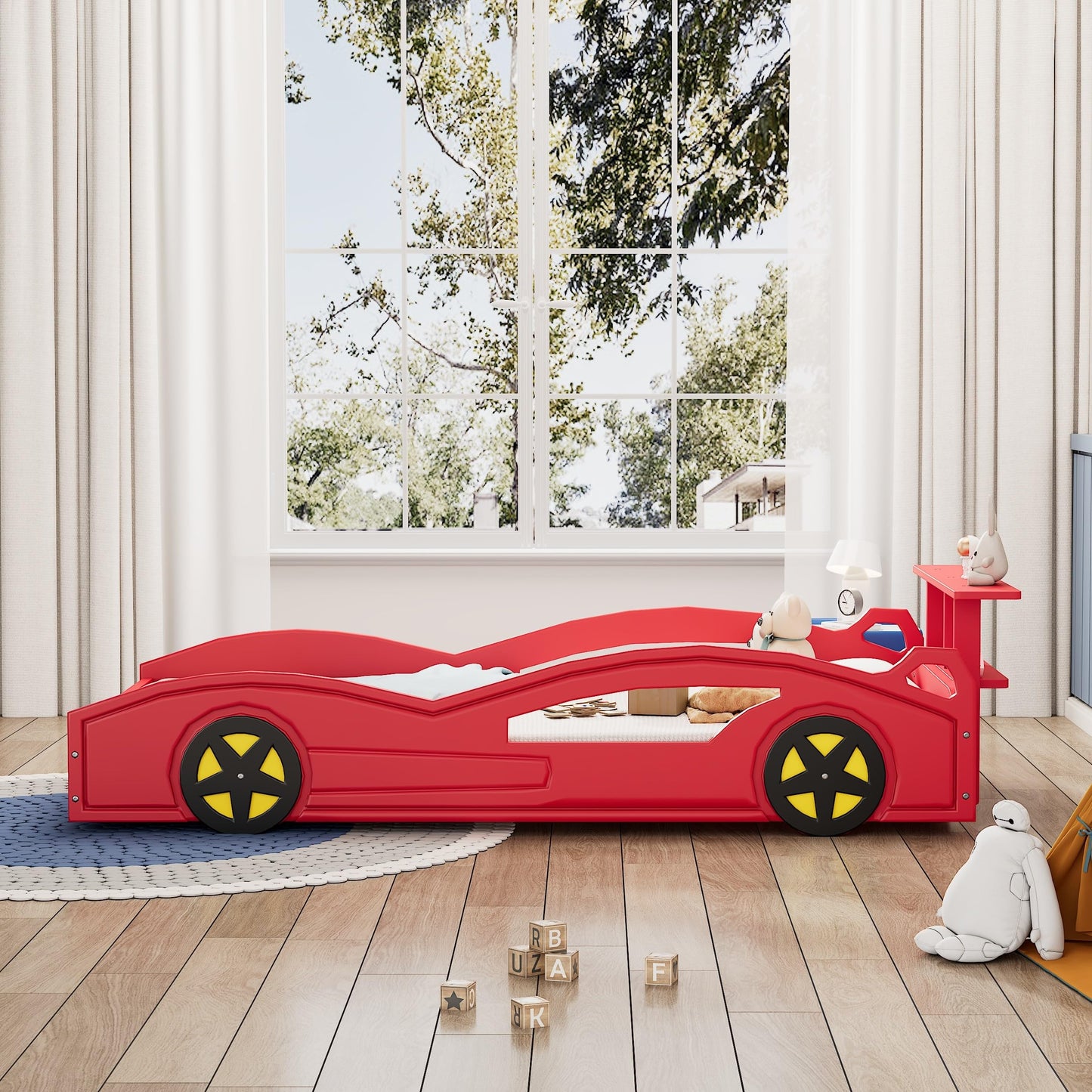 Twin Size Bed Frame for Kids, Twin Floor Bed with Rails, Wooden Race Car Bed, Car-Shaped Platform Twin Bed with Wheels,Mattress Foundation,Wood Slat Support, No Box Spring Needed, Red
