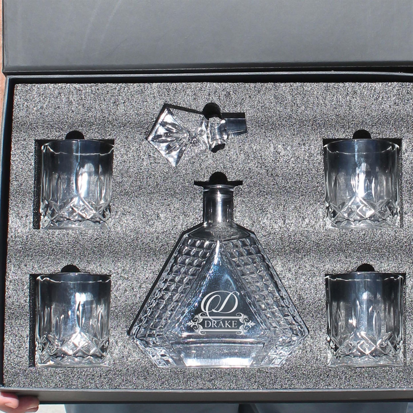 My Personal Memories, Personalized Scotch Whiskey Bourbon Glass 23 oz Decanter - Custom Engraved - Triangle Shape (Decanter and 4 Glasses)