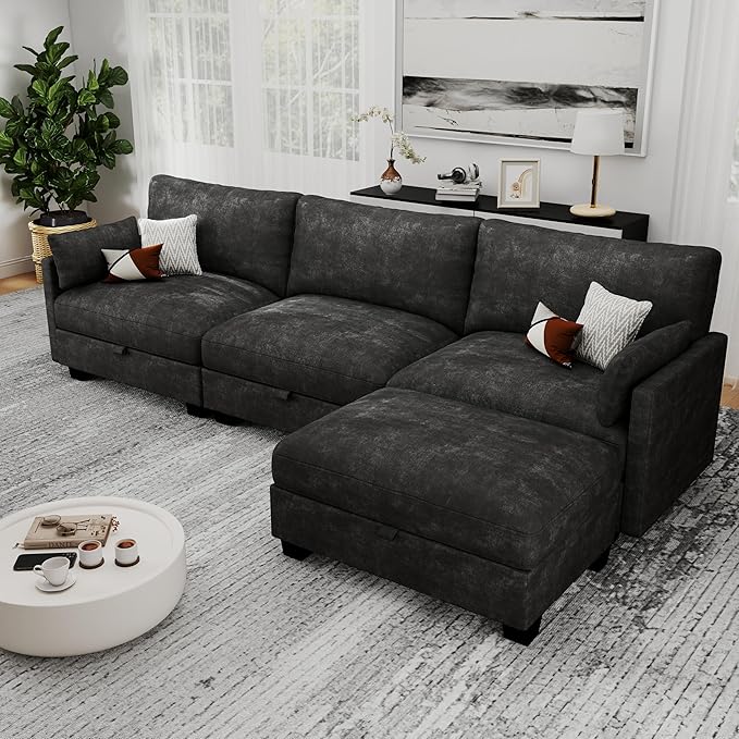 OhaiAura Modular Sectional L Shaped Sofa Couches for Living Room, Cloud Couch with Storage Ottoman, Comfy Chenille Sofa with Pillow, Black