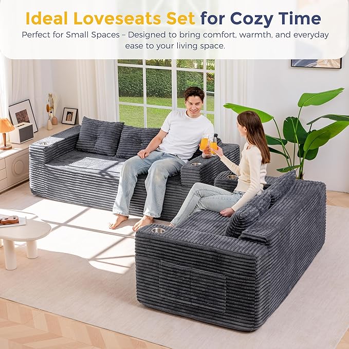 MAXYOYO Boneless Couch and Loveseat Sets for Small Spaces, Mini Love Seat Floor Couch with Cup Holders and Pillows, Upholstered Cloud Couch for Bedroom Apartment, No Assembly Required