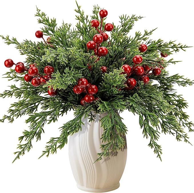 Watayo 45 Pcs Christmas Artificial Pine Branches with Red Berry Stems, 10.5" Faux Evergreen Norfolk Pine Cypress Leaves St...