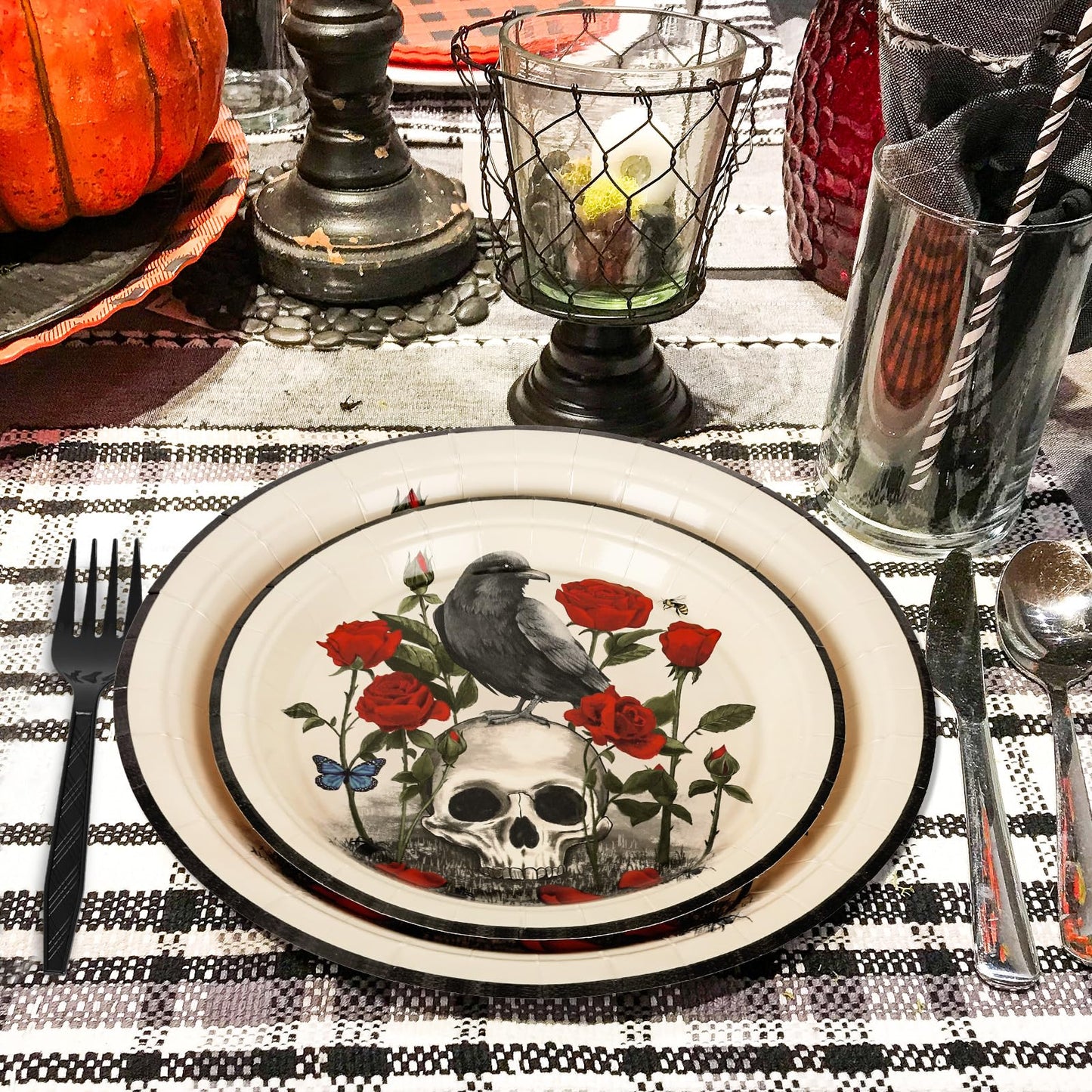 JarThenaAMCS Halloween Party Supplies Kit Serves 25 Skull Rose Paper Plates Napkins Plastic Forks for Birthday Party Tableware Supplies, 100Pcs