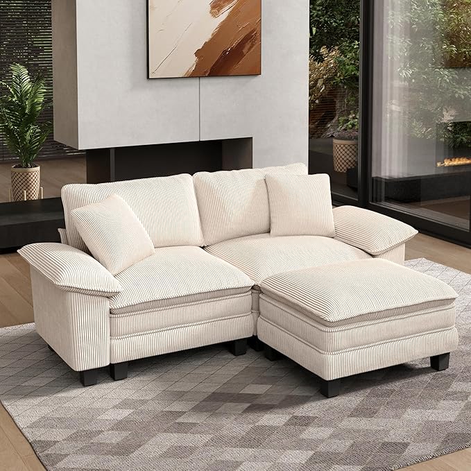 HERA'S HOUSE 88" Modular Sectional Sofa, L Shaped Couches for Living Room, Comfy Cloud Couch with Ottoman, 3-Seater Deep Seat Sofa with Throw Pillow, Corduroy Beige