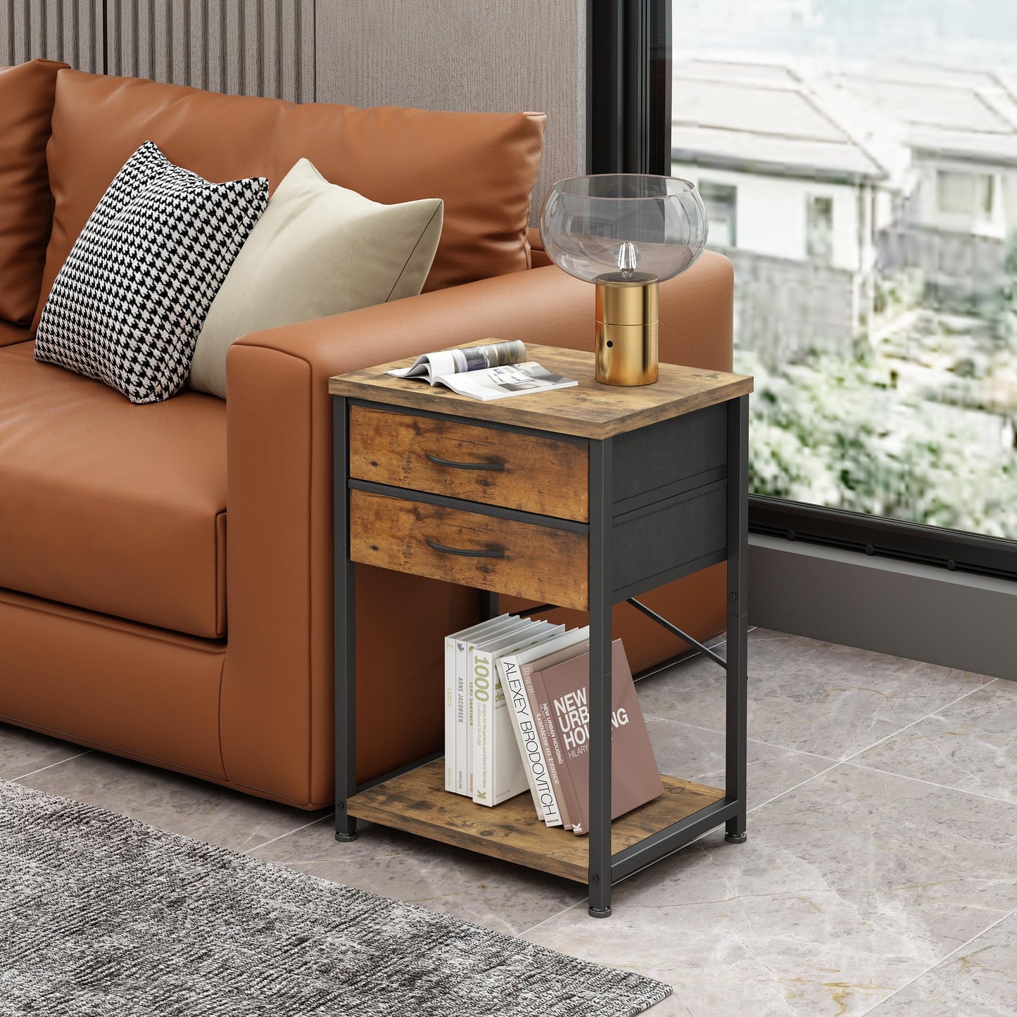 TigerDad Nightstand End Table with 2 Fabric Drawers and Wood Storage Shelf, Narrow Side Table with Steel Frame Small Bedside Table for Living Room, Bedroom,Rustic Brown