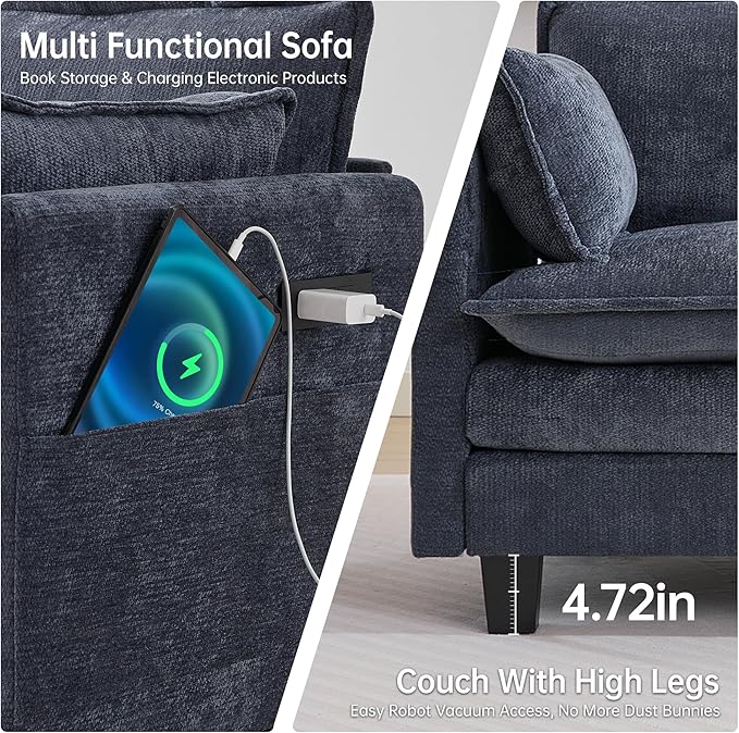 Opiesit 108" Modular Sectional Couches for Living Room with Ottoman, L Shaped Cloud Couch with Charger, USB & Type-c Port, Comfy 4 Seats Sofas with Deep Seat, Chenille Fabric, Blue