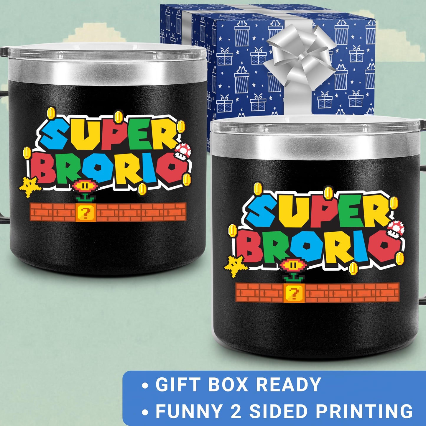 CHUSUKASU Gifts for Brother from Sister, Funny Birthday Present, Big Brother Gifts for Boy, Cool Ideas for Adult Older Bros, Super Brorio Mug Tumbler 14Oz - Insulated Coffee Cup with Lid and Gift Box
