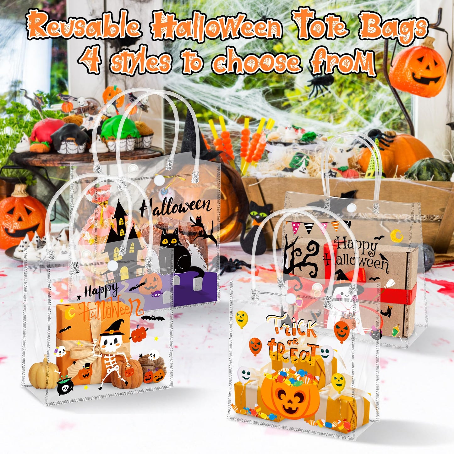 H1vojoxo Halloween Party Favor Bags - 24PCS Happy Halloween Clear PVC Bags with Handle Reusable Trick or Treat Goodie Treat Candy Tote Bag for Kids Pumpkin Ghost PVC Tote Bag for Party Decoration