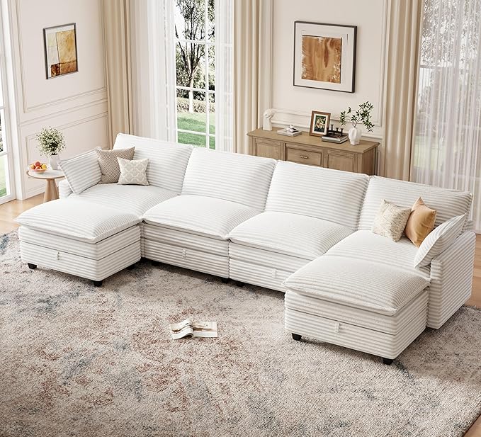 OhaiAura Modular Sectional U Shaped Sofa Couches with Storage Ottoman, Cloud Couch for Living Room, Comfy Sofa with Pillow, White