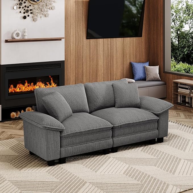 MIXPATIO 87" Cloud Modular Sectional Loveseat, 2-Seater w/Deep Seat & Removable Arms, Plush Corduroy for Small Living Room & Apartment - Gray