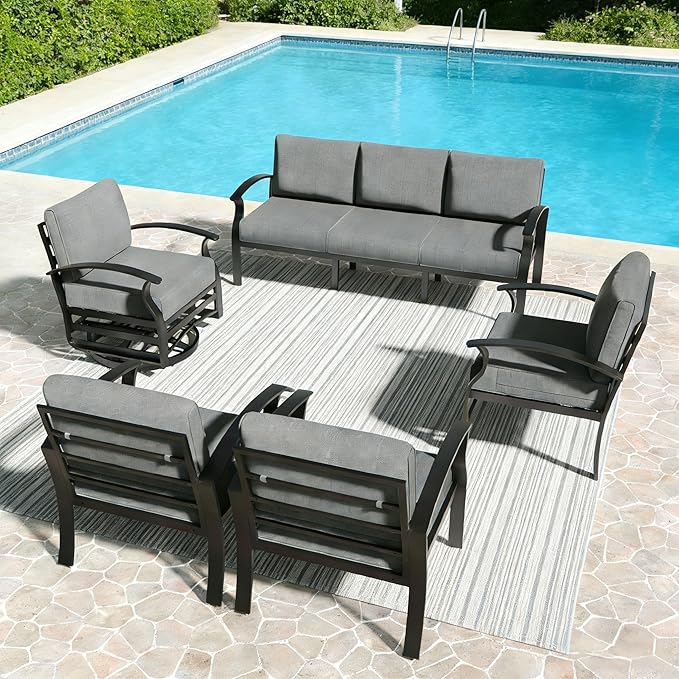 RTDTD Aluminum Outdoor Patio Furniture Set,5 Pieces 7 Seats Patio Conversation Sets with 2 Swivel Rocking Chairs,Metal Patio Sectional Furniture Set with 5.1" Thickened Cushions,Grey