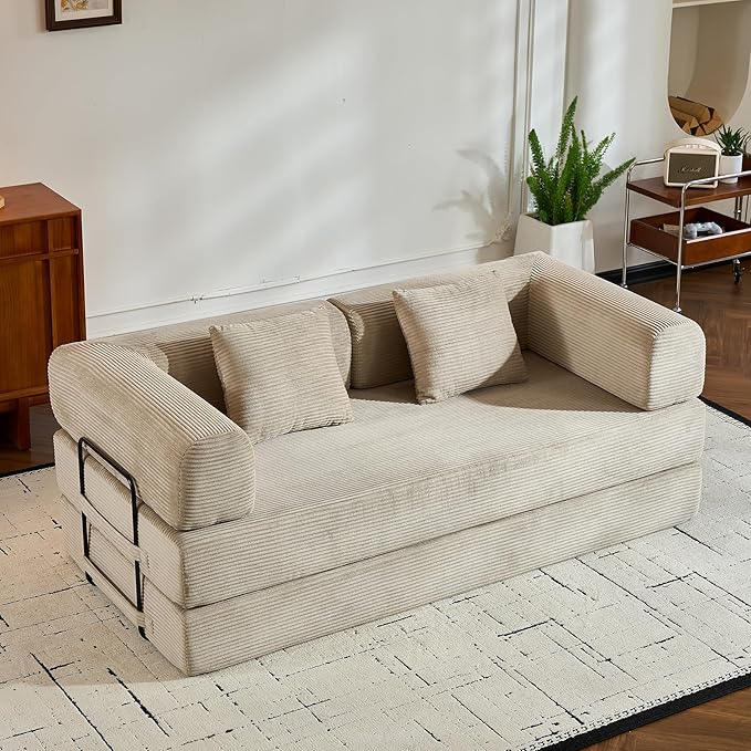 ZEIINPA Corduroy Floor Sofa Bed, Convertible Folding Couch Bed with Fixed-Shape Frame and Armrest for Living Room Bedroom Lounge Studio-Beige
