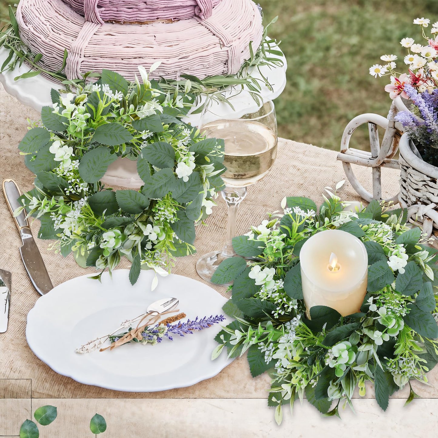 6PCS Artificial Eucalyptus Leaves Wreaths Candle Rings Wreaths Summer Greenery Garland Pillar Holder for Home Wedding Party Table Centerpiece Green