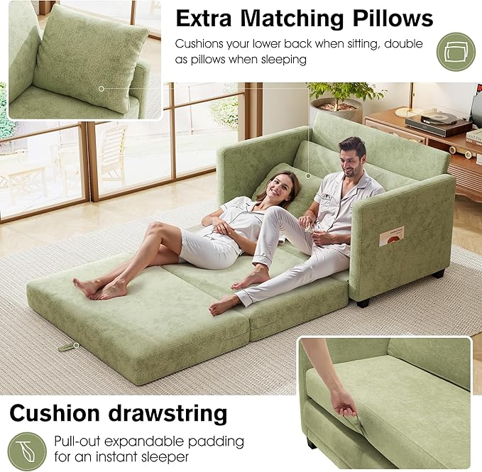 kakuboohi 51" Loveseat Sleeper Sofa Bed, Chenille Convertible Floor Sofa Bed for Small Spaces, Folding Couch Bed with Deep Seat, 2 Pillows & Solid Frame, Pull Out Couch for Living Room, Light Green