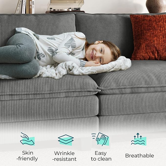 LINSY HOME Modular Sectional Sofa Couch Corduroy Cloud Couches for Living Room, V-Shaped Cloud Couch Sectional Sofas for Bedroom and Apartment, Grey