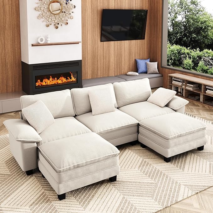 MIXPATIO 123-Inch U Shaped Sectional Sofa with Cloud Cushions, Deep Seat Modular Couch Set w/ 5 Seats & 2 Ottomans, Removable Arms, Plush Chenille Upholstery for Living Room, Apartment - Beige