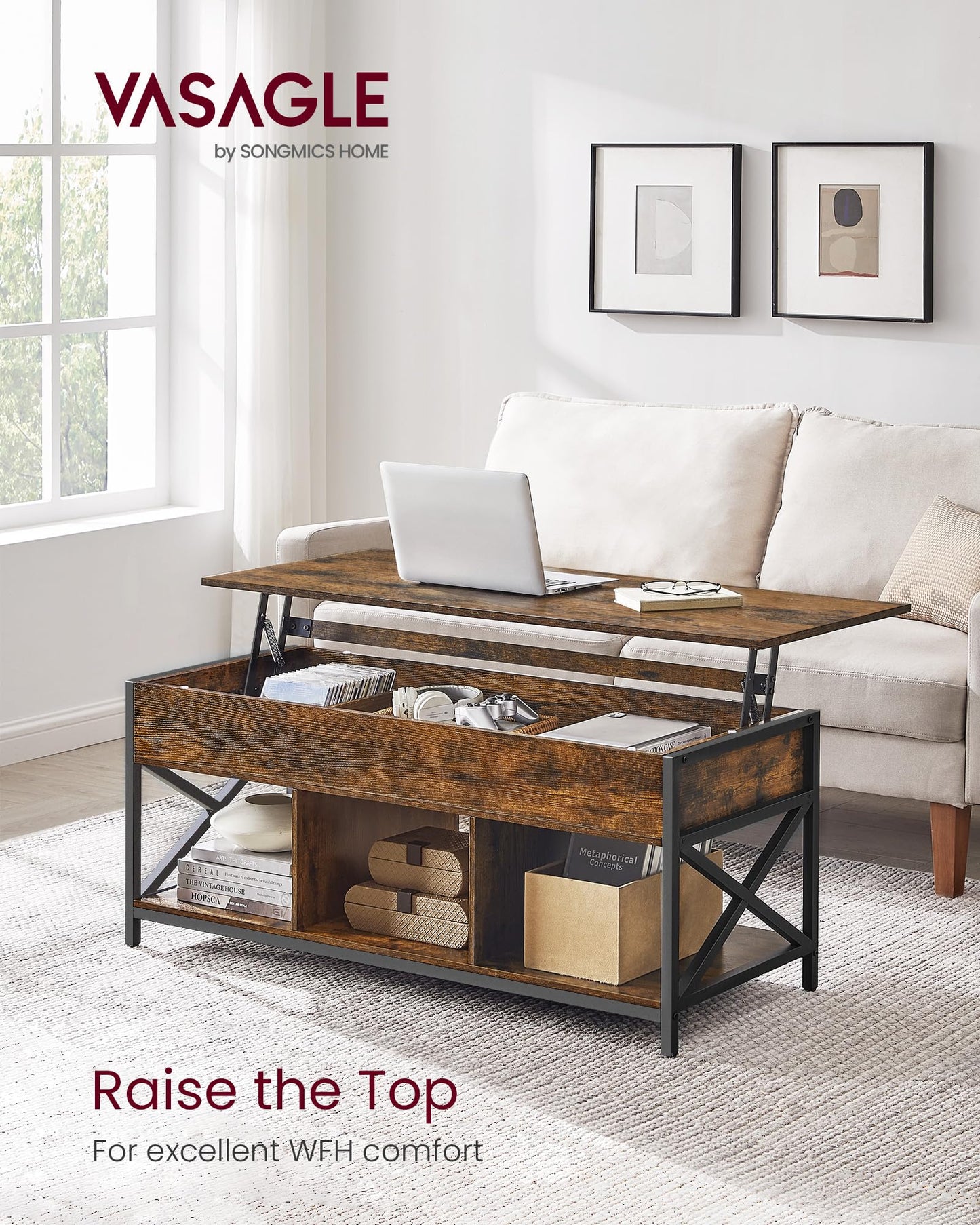 VASAGLE Lift Top Coffee Table, Lift Coffee Table with Storage Shelf, Hidden Compartments and Lifting Top, for Living Room, Office, 19.7 x 47.2 x (19.3-24.4) Inches, Rustic Brown and Black ULCT212B01