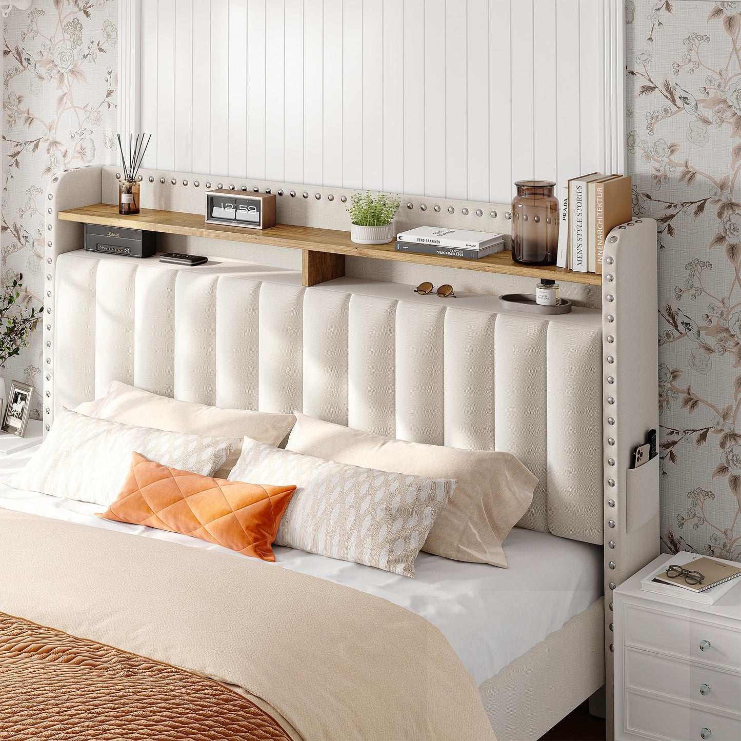EnHomee Full Size Bed Frame with 2-Tier Storage Headboard, Upholstered Platform Bed Frame with 2 Storage Drawers, Sturdy Wooden Slats Support, Noise-Free, No Box Spring Needed, Beige