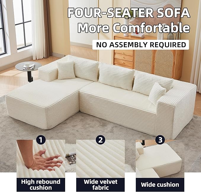 107" Modular Sectional Sofa, L-Shaped Cloud Couch with Deep Seat, Boneless Fluffy Corduroy Sofa for Living Room, No Assembly Required, (Left Facing Chaise,Beige)