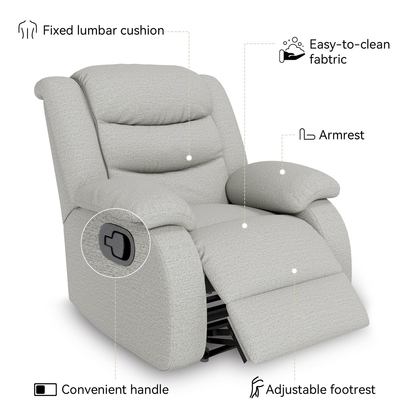 Erdoru Oversized Fabric Recliner Chair, Overstuffed Manual Recliner Chair Single Sofa with Comfortable Arm and Backrest, Comfty Home Theater Seating for Living Room, Meeting Room, Bedroom, Light Grey