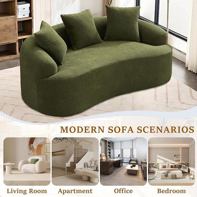 65'' Modern Curved Cloud Loveseat Sectional Sofa for Small Spaces, Luxury Plush Chenille Deep Seat Couch with 3 Pillows, No Assembly Needed Apartment Living Room Furniture, Green