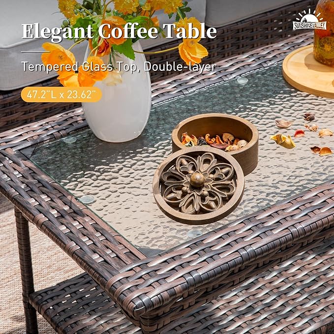 SUNSHINE VALLEY Patio Furniture Set with Swivel Chairs, High Back Wicker Rattan Furniture with 5.5" Thick Cushions and Coffee Table, Outdoor Conversation Set for Backyard Deck,7 Seats, Grey