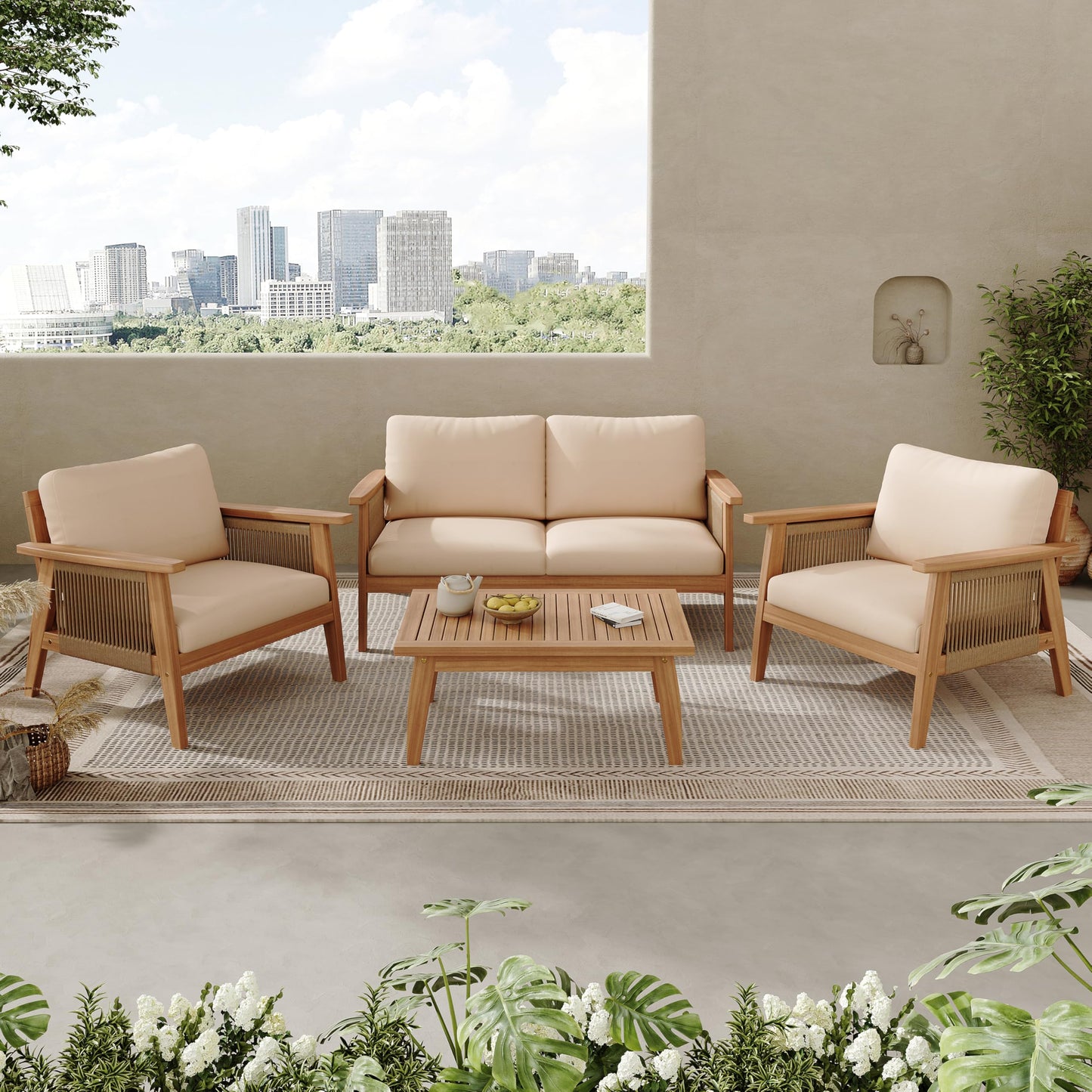 Merax Outdoor 4-Piece Acacia Wood & Rope Sectional Patio Set, Loveseat, Chair & Table with Water-Repellent Cushions