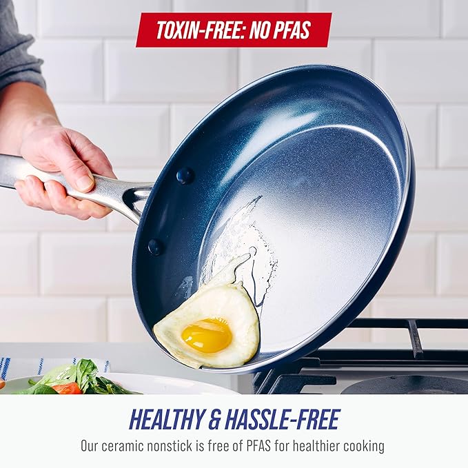 Blue Diamond 9.5” & 11" Nonstick Frying Pan Skillet Set, Diamond Infused PFAS-Free Ceramic, Dishwasher & Oven Safe, Stainless Steel Handle, Durable Non Toxic Metal Utensil Safe, Egg & Omelet Pans,Blue