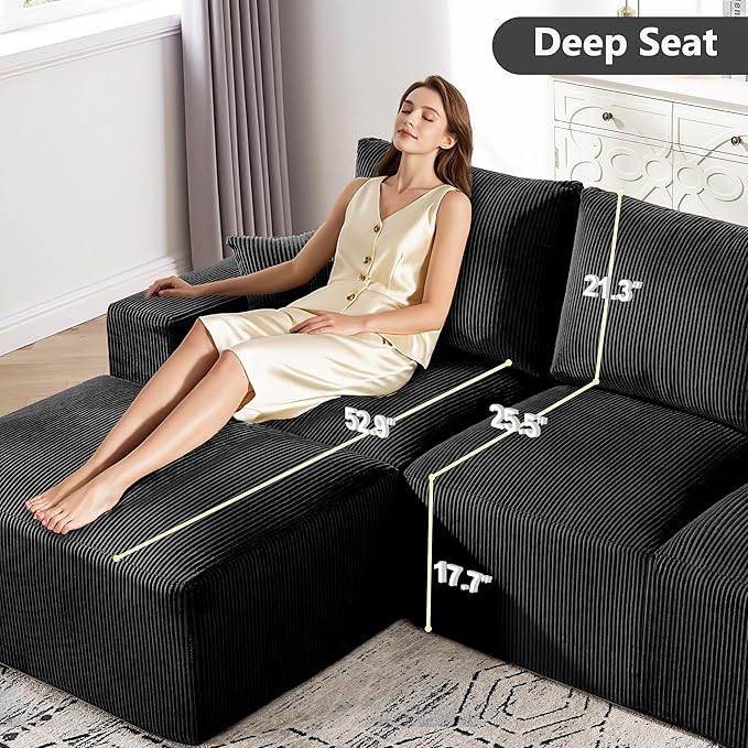 Myroyalsit 108" Modular Sectional Sofa, Compression Sofa with Deep Seat, Modular L-Shape Couch with Chaise, Upholstered Couches for Living Room Bedroom, No Assembly Required (Black, 108" L Shape)