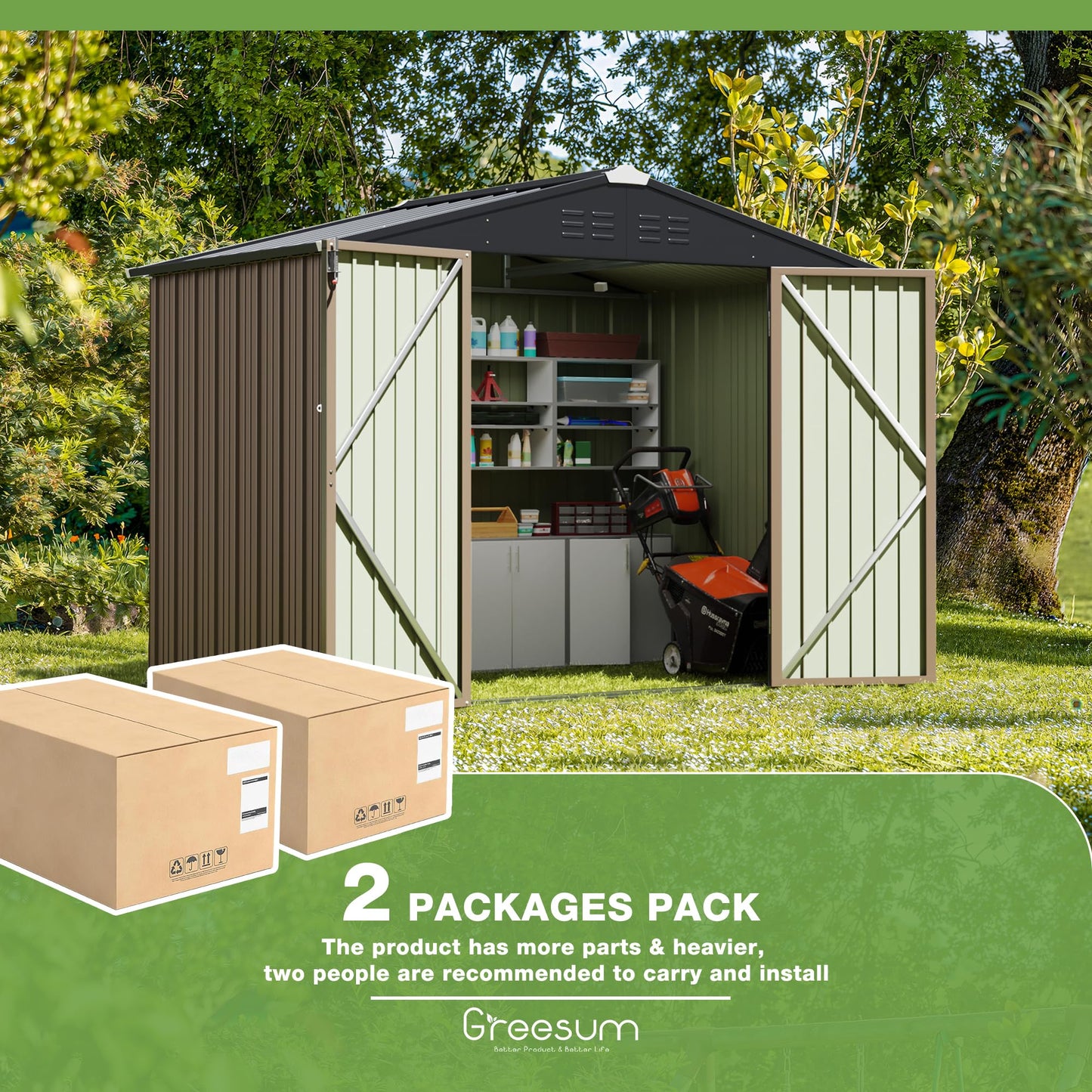 Greesum 8x6FT Outdoor Storage Shed, Utility Tool Shed with Sloping Roof, Metal Storaged Garden Shed with Door & Lock for Patio Storage, Light Brown