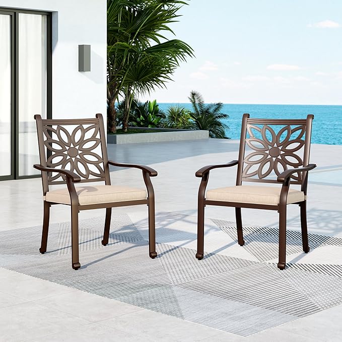 MFSTUDIO Cast Aluminum Outdoor Dining Chairs Set of 2, Stackable Patio Chairs with Extra Wide Seat and 2.8" Cushion, Brown Metal Dining Chairs for Table, Yard, Deck, 350lbs