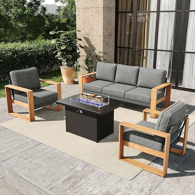4 Pieces Aluminum Patio Furniture Set, Outdoor Conversation Sets with High Backrest Sofa and Fire Pit Table for Garden and Backyard