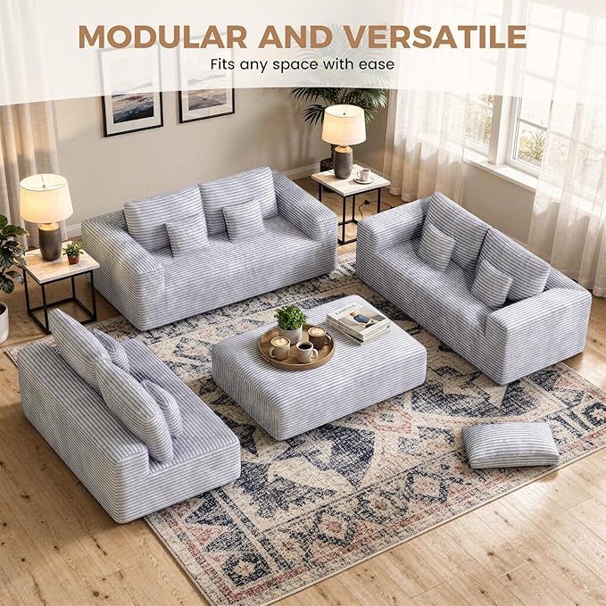 136'' Large Sectional Cloud Couches with Chaise, U Shaped Boneless Sofa Bed with Ottoman, No Assembly Required Deep Seat Modular Lounge for Living Room 4PCS Set, Bedroom(Light Grey)
