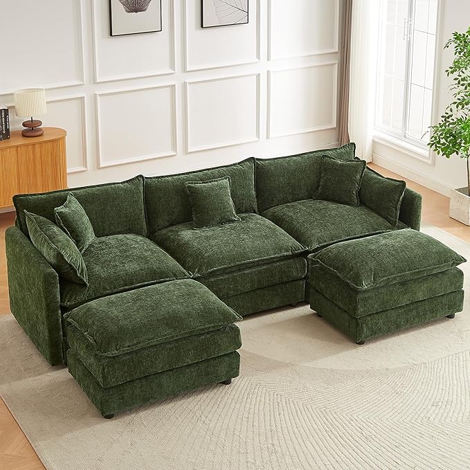 saows Modular Sectional Sofa, 112.2 Inch U Shaped Couch Set with Armrests, 3-Seater Comfy Cloud Couches for Living Room Apartment, Green