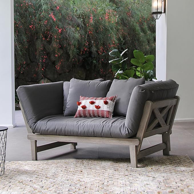Cambridge Casual West Lake Mahogany Outdoor Convertible Sofa Daybed, Weathered Gray/Gray Cushion