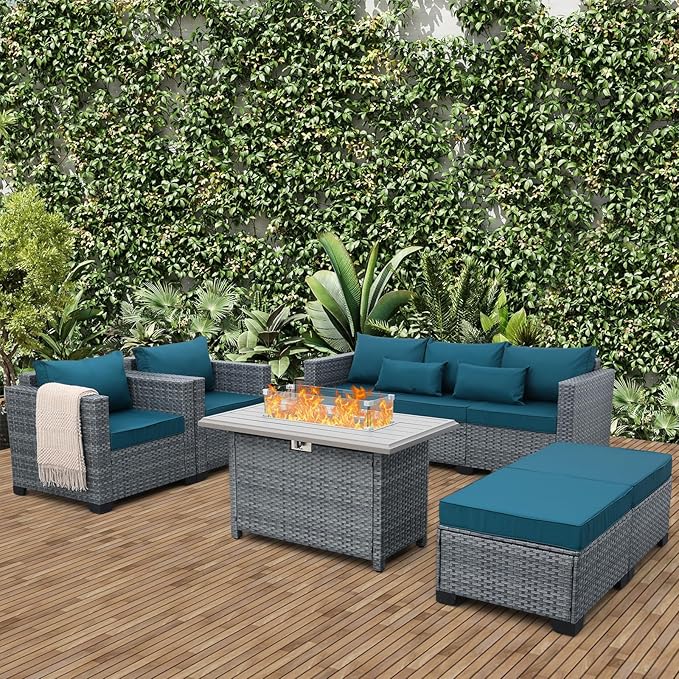 Lviden 6 Pieces Wicker Patio Furniture Sets Outdoor Conversation Set HDPE Rattan Sectional Sofa Couch with 45" Fire Pit Table and Peacock Blue Cushions