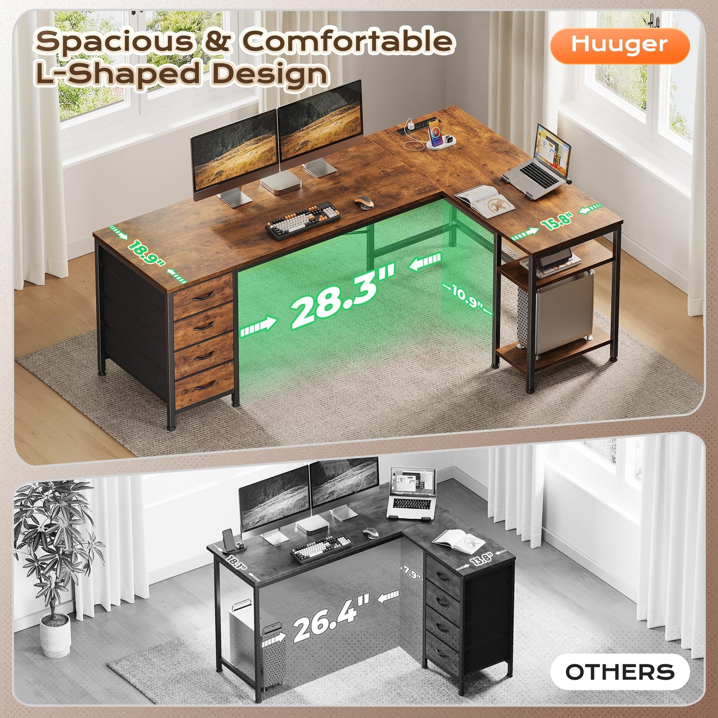 Huuger 55 Inch L Shaped Desk with Fabric Drawers, Reversible Computer Gaming Desk with Power Outlets and USB-C Port, Adjustable Side Storage Shelves, for Work Corner Home Office, Rustic Brown
