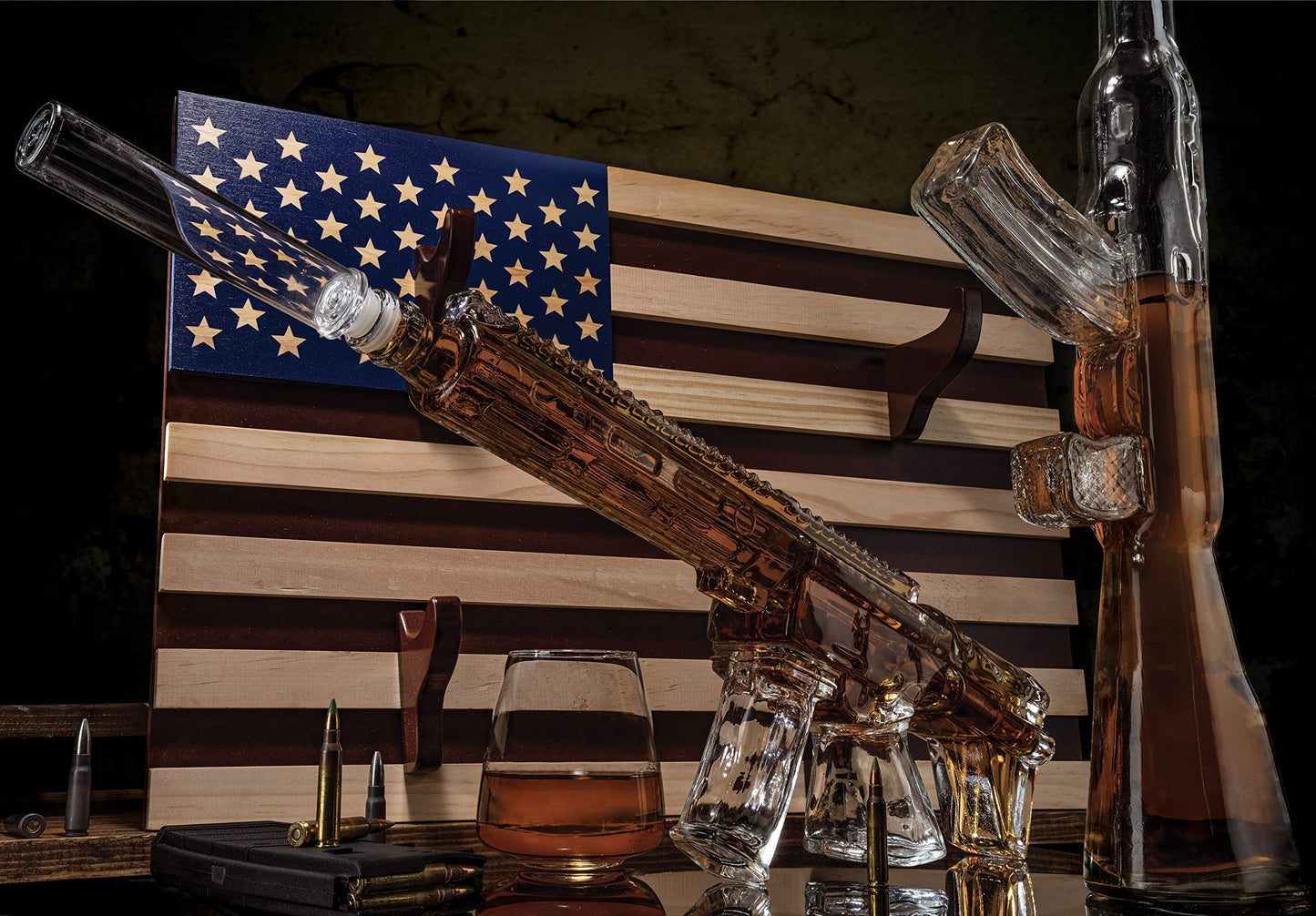 Gifts for Men Dad, Whiskey Decanter Set, 2 Gun Whiskey Decanters Set AR15 and AK47 Gun Decanter 1000ml American Flag Wall Rack - Veteran Gifts, Gun Lover Gifts, Tik Tok Gun Decanter, Military Gifts